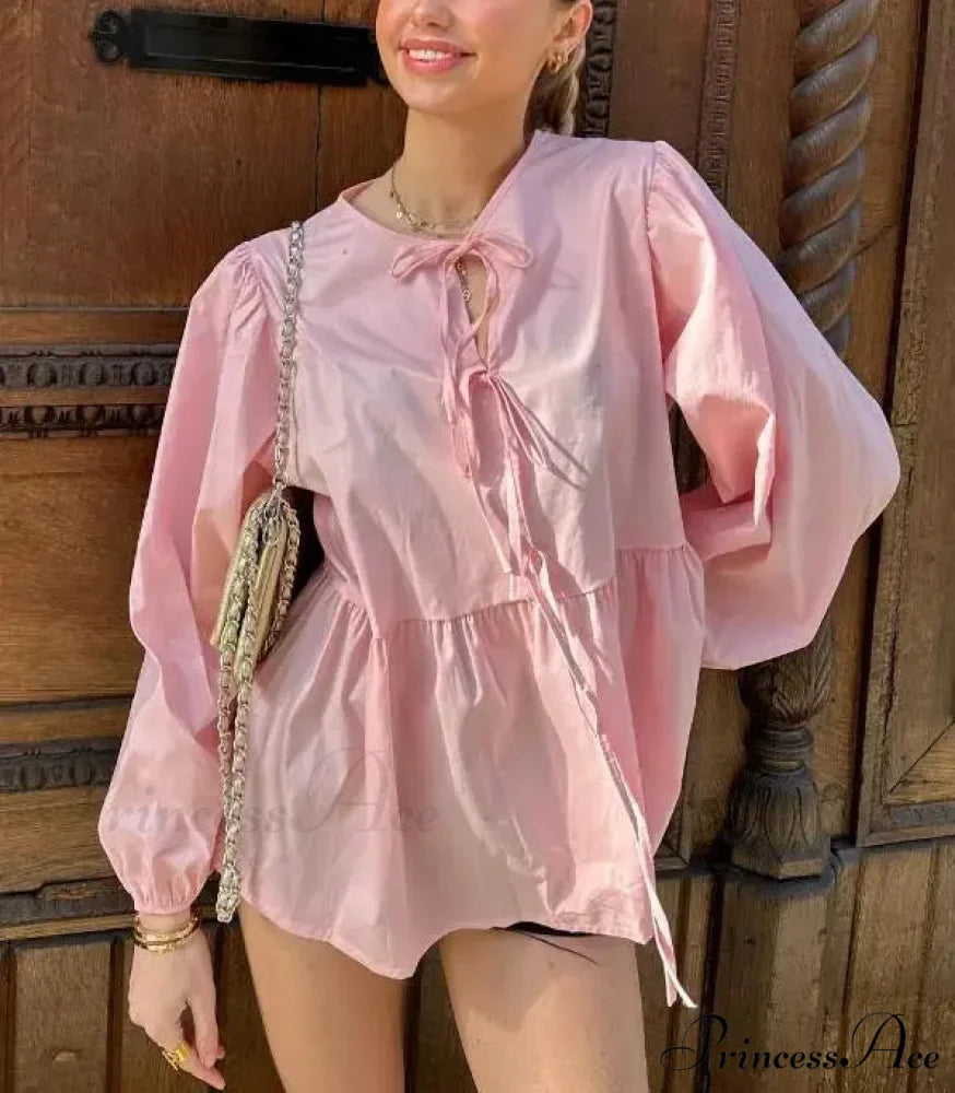 Patterned Baggy Lace-Up Circular Neck Blouse