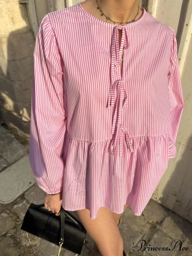 Patterned Baggy Lace-Up Circular Neck Blouse