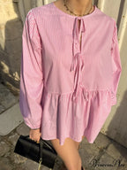 Patterned Baggy Lace-Up Circular Neck Blouse