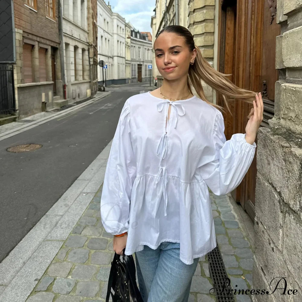 Patterned Baggy Lace-Up Circular Neck Blouse