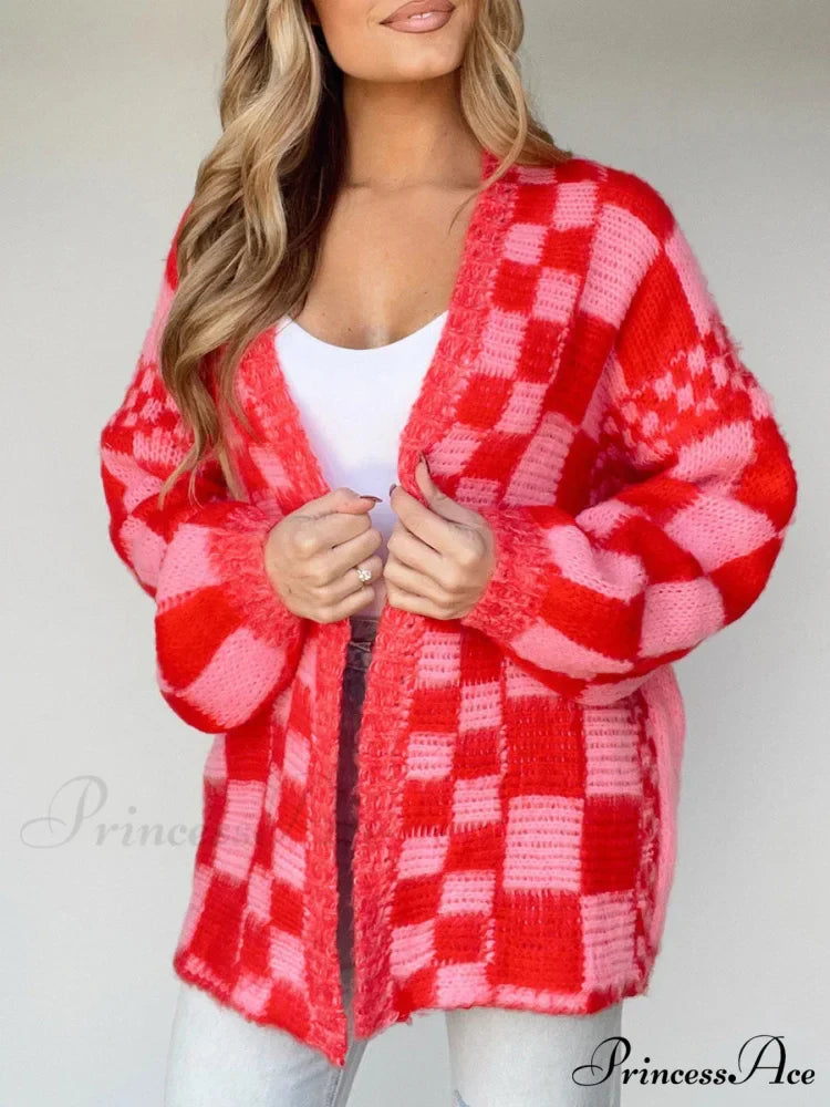Patterned Baggy Long Sleeve Open Front Cardigan