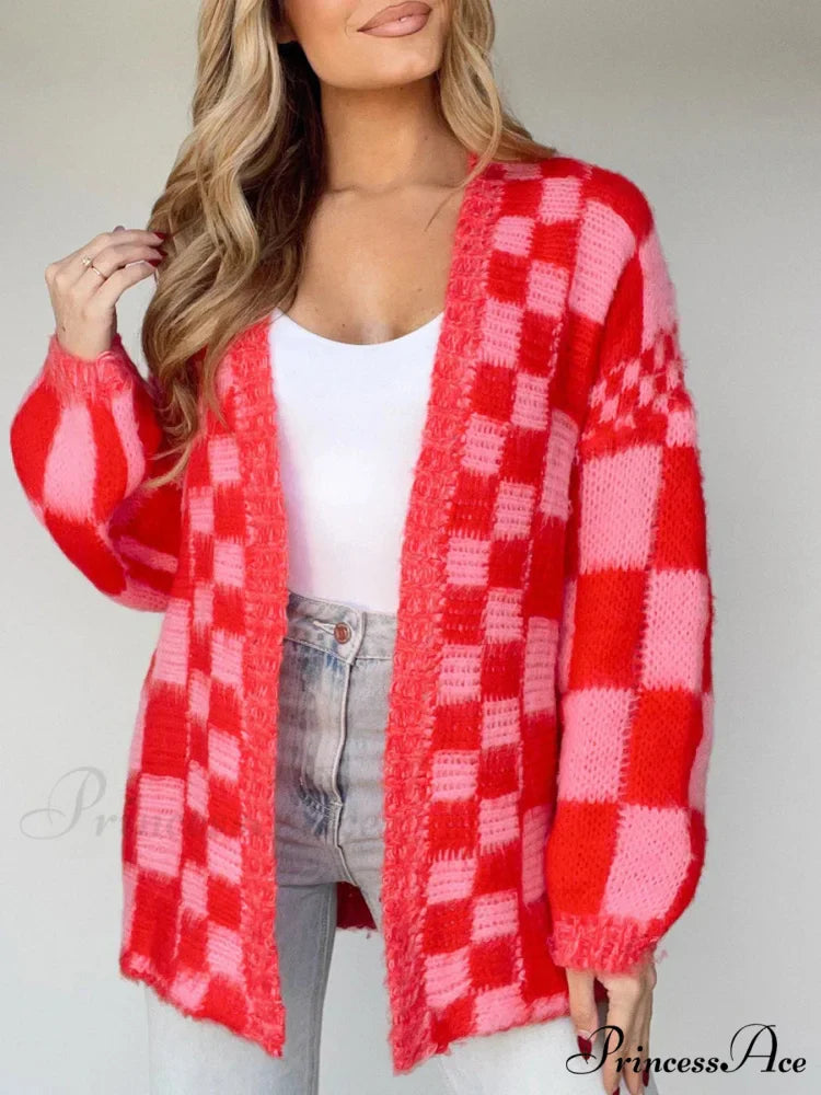 Patterned Baggy Long Sleeve Open Front Cardigan