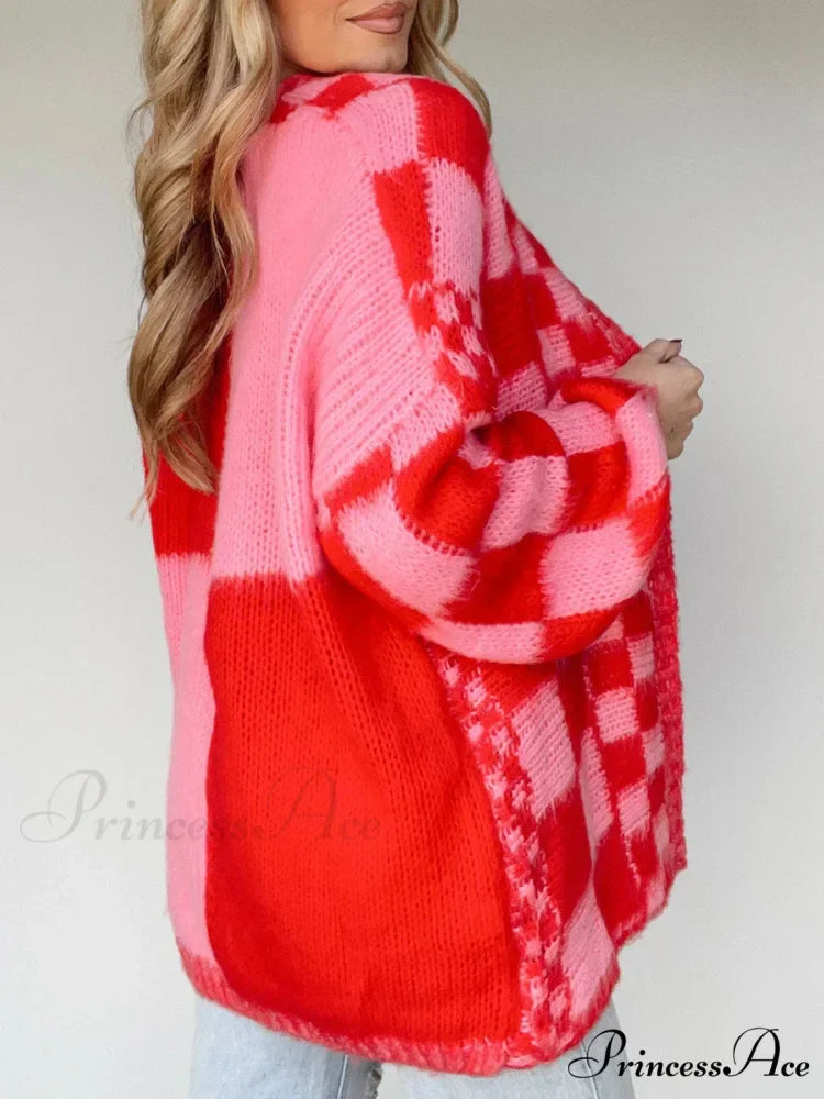 Patterned Baggy Long Sleeve Open Front Cardigan