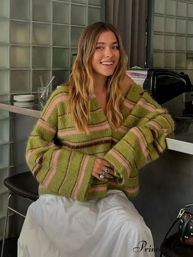 Patterned Deep V-neck Button-Up Sweater