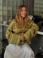 Patterned Deep V-neck Button-Up Sweater