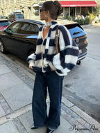 Patterned Different-colored V-neck Baggy Cardigan