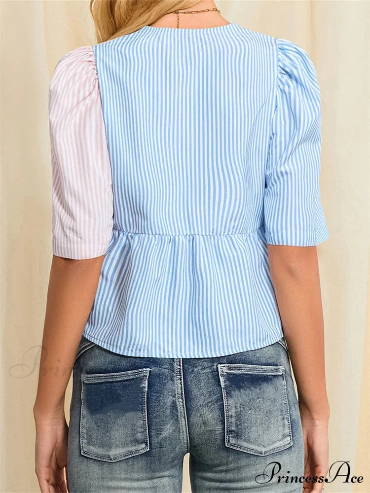 Patterned Fastened Short Sleeve Blouse