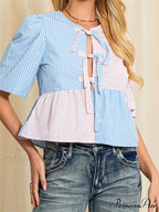 Patterned Fastened Short Sleeve Blouse
