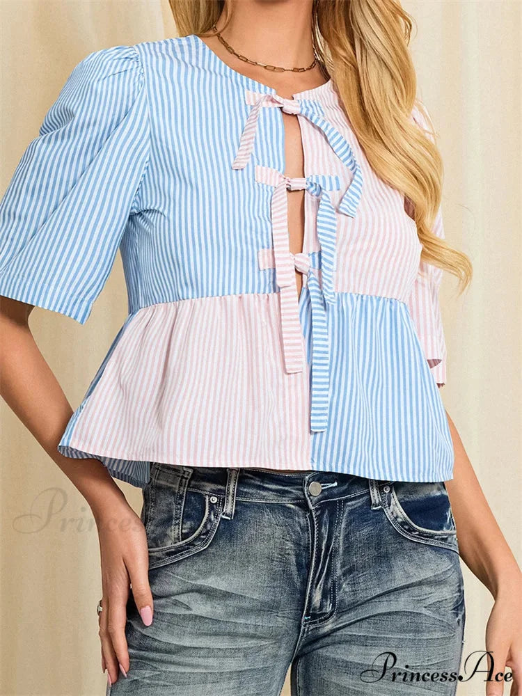 Patterned Fastened Short Sleeve Blouse