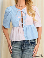 Patterned Fastened Short Sleeve Blouse