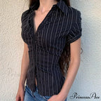 Patterned French Button-Up Fold-down Collar Blouse