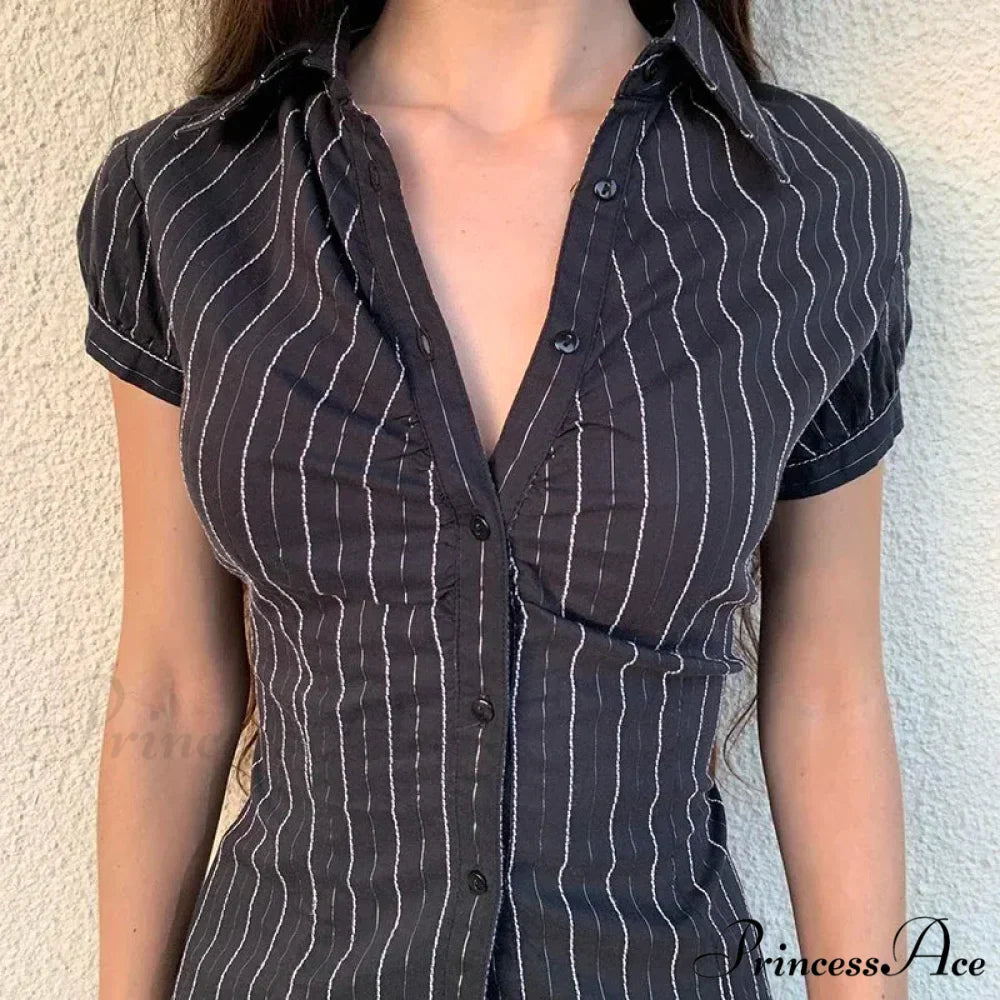 Patterned French Button-Up Fold-down Collar Blouse