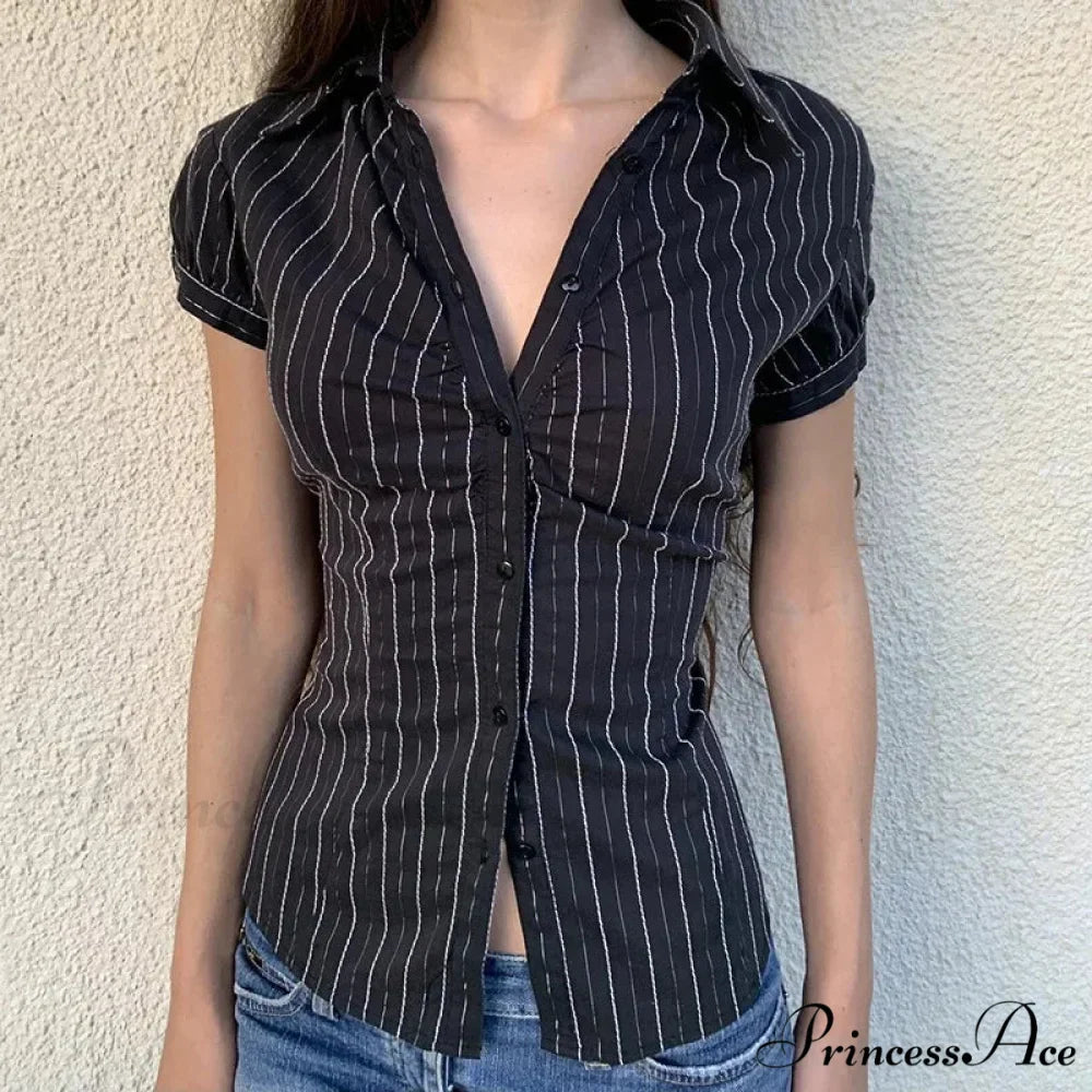 Patterned French Button-Up Fold-down Collar Blouse