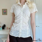 Patterned French Button-Up Fold-down Collar Blouse