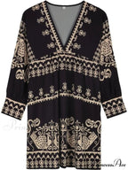 Patterned Gown for Fit V-neck Women And with Flare Three-quarter Sleeves