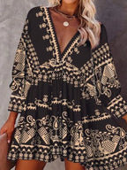 Patterned Gown for Fit V-neck Women And with Flare Three-quarter Sleeves