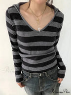 Patterned Hooded Simple Slim V-Neck Long Sleeve Knitted Top