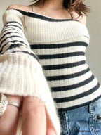 Patterned Knitted Slash Neck Extended Sleeve Fundamental Pullover Sweater