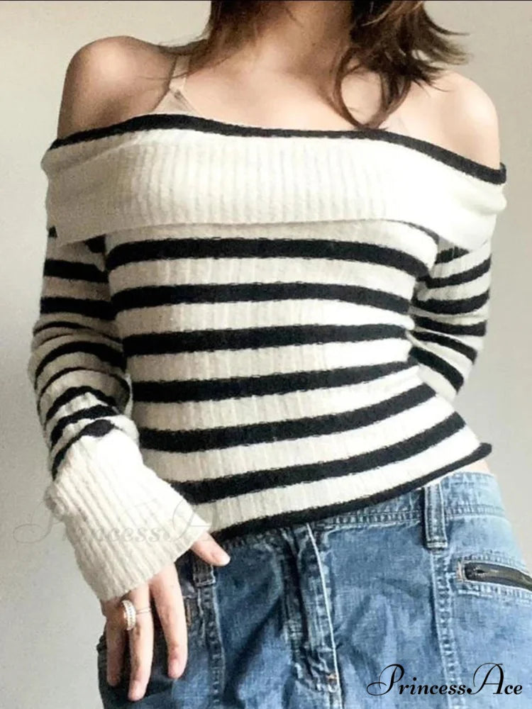 Patterned Knitted Slash Neck Extended Sleeve Fundamental Pullover Sweater
