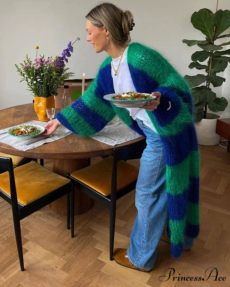 Patterned Lantern Sleeve Generously Sized Cardigan