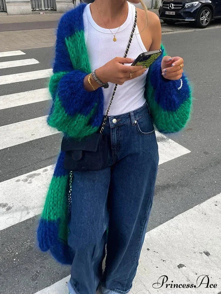 Patterned Lantern Sleeve Generously Sized Cardigan