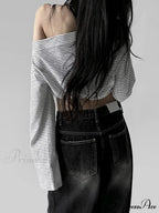 Patterned Off-Shoulder Baggy Slash Neck Extended Sleeve Knit Top