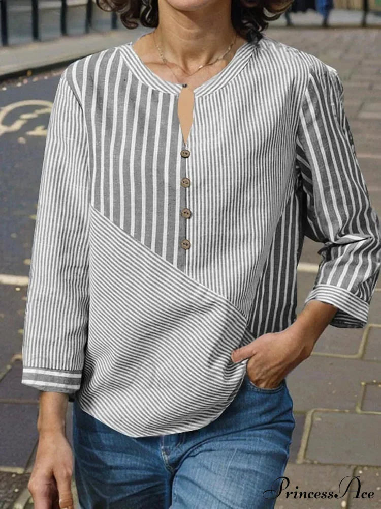 Patterned Patched Baggy V-neck Informal Blouse