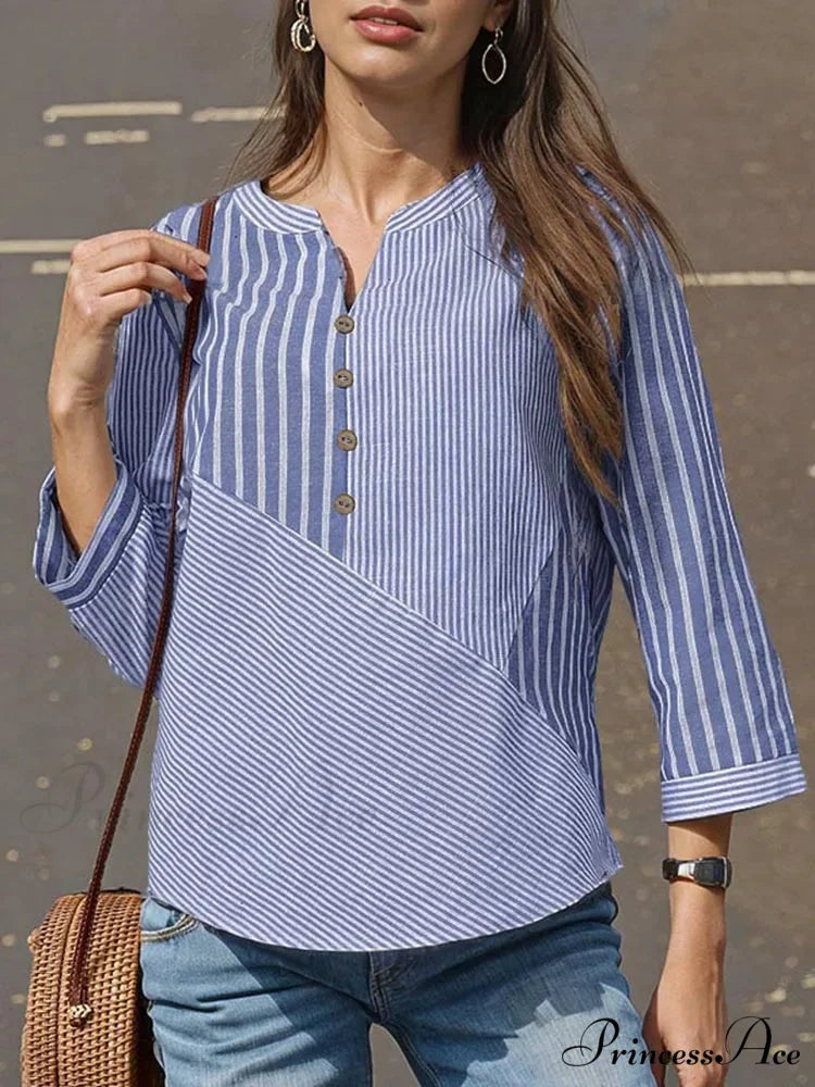 Patterned Patched Baggy V-neck Informal Blouse