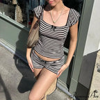 Patterned Ribbon Aesthetic Cropped Tank Short Waist Shorts Two Pieces Set