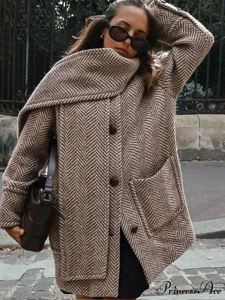 Patterned Scarf Collar Woolen Overcoat