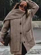 Patterned Scarf Collar Woolen Overcoat