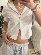 Patterned Short Sleeve Button Up Top