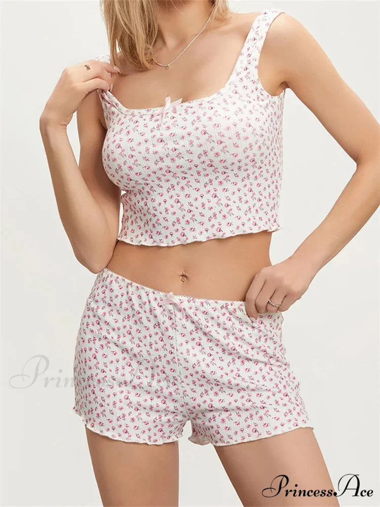 Patterned Sleeveless Square Neck Camis Crop Top with Shorts Pajama Set