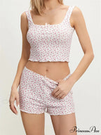 Patterned Sleeveless Square Neck Camis Crop Top with Shorts Pajama Set