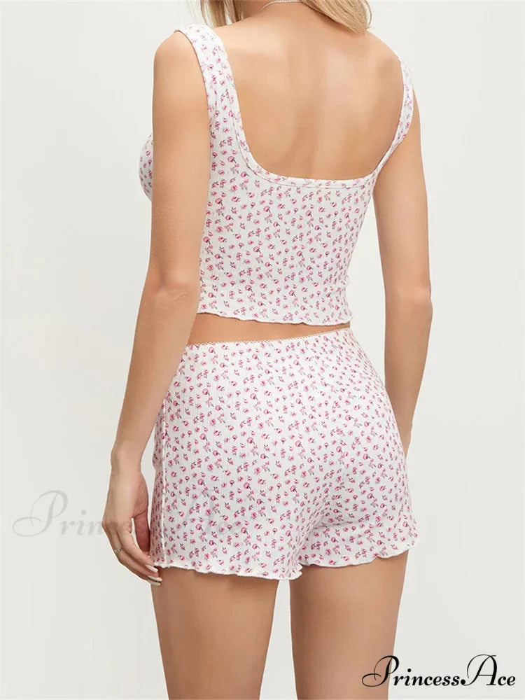 Patterned Sleeveless Square Neck Camis Crop Top with Shorts Pajama Set