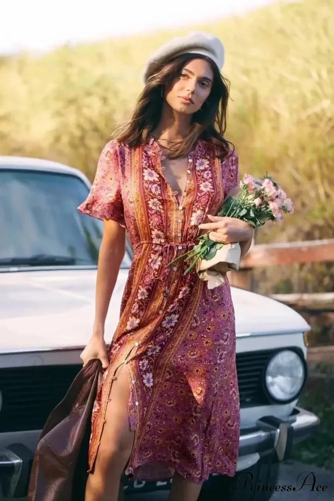 Patterned Square Neck Short Sleeve Beachwear Boho Midi Dress