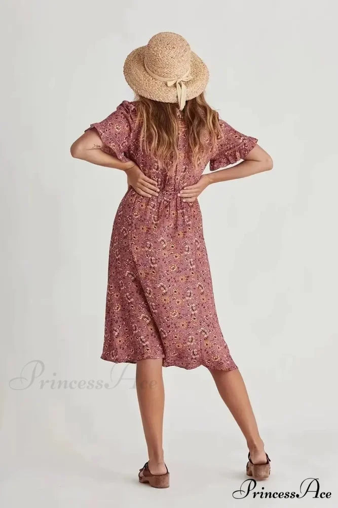 Patterned Square Neck Short Sleeve Beachwear Boho Midi Dress