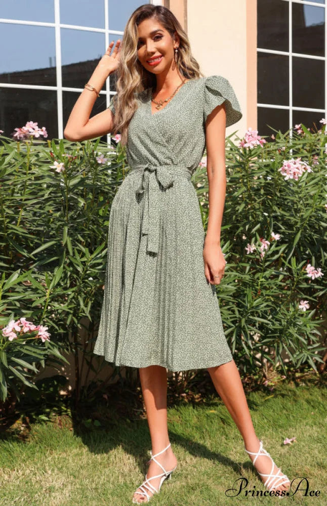 Patterned V-neck Folded for Gown Skirt Women