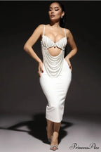 Pearl Beaded Spaghetti Strap Midi Party Dress