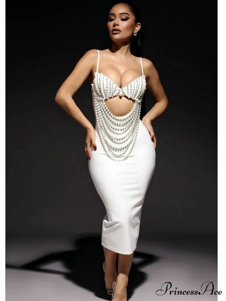 Pearl Beaded Spaghetti Strap Midi Party Dress