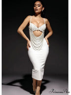 Pearl Beaded Spaghetti Strap Midi Party Dress