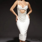 Pearl Beaded Spaghetti Strap Midi Party Dress