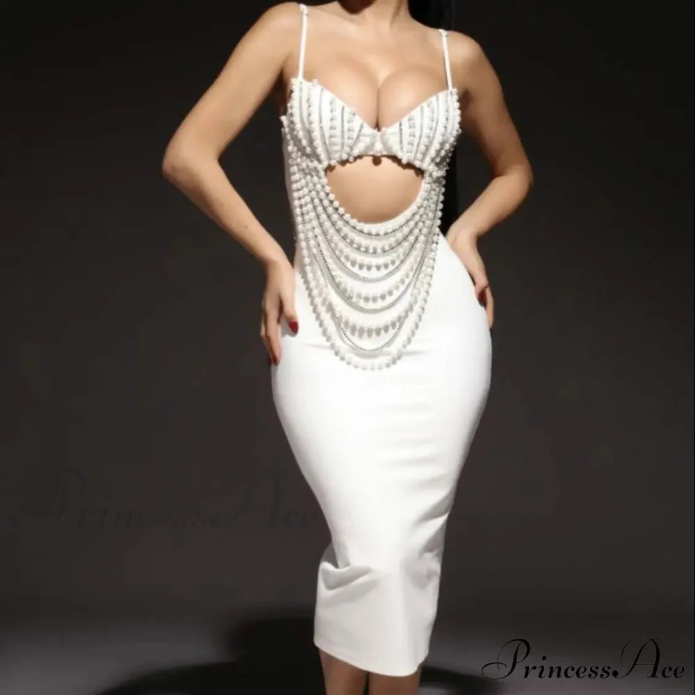 Pearl Beaded Spaghetti Strap Midi Party Dress