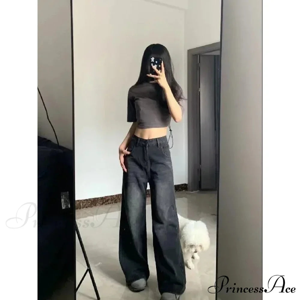 Petite High-Waisted Draped Straight-Leg Women's Loose-Fit Slimming Pants Vintage Versatile Style For All Seasons Jeans