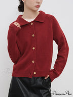 Petite Retro Lapel Knit Cardigan for Early Autumn Red Christmas Sweater