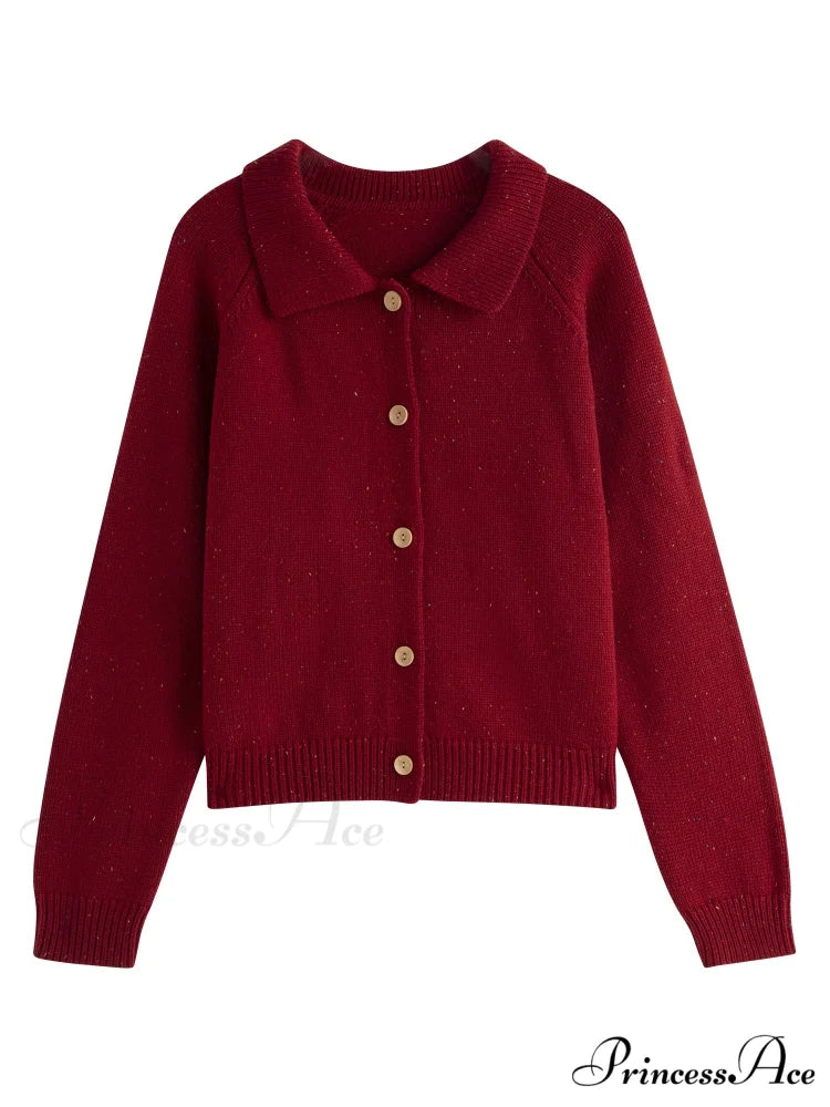 Petite Retro Lapel Knit Cardigan for Early Autumn Red Christmas Sweater
