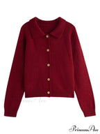Petite Retro Lapel Knit Cardigan for Early Autumn Red Christmas Sweater