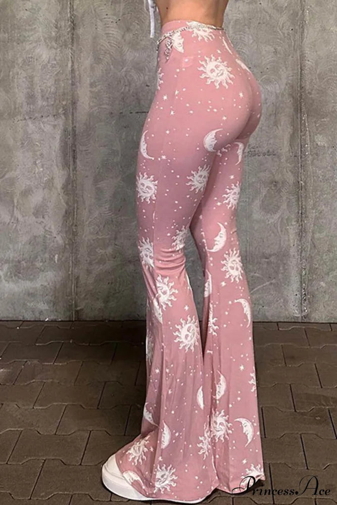 Pink Abstract Print Flares Pants