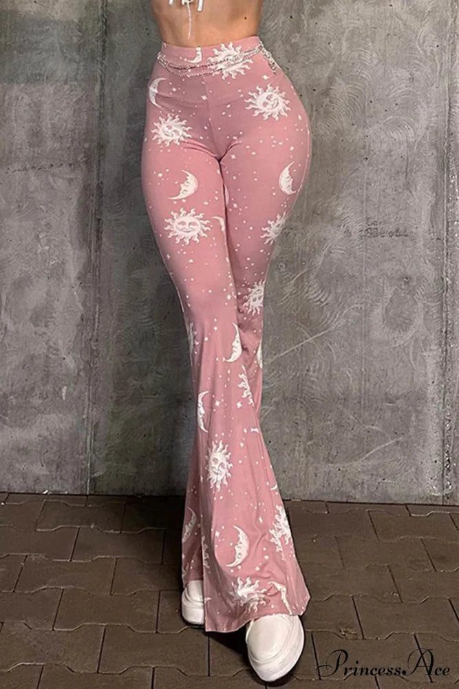 Pink Abstract Print Flares Pants