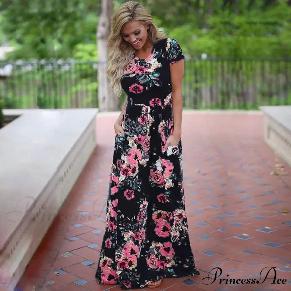 Pink Bohemian Flower Long Floral Dress